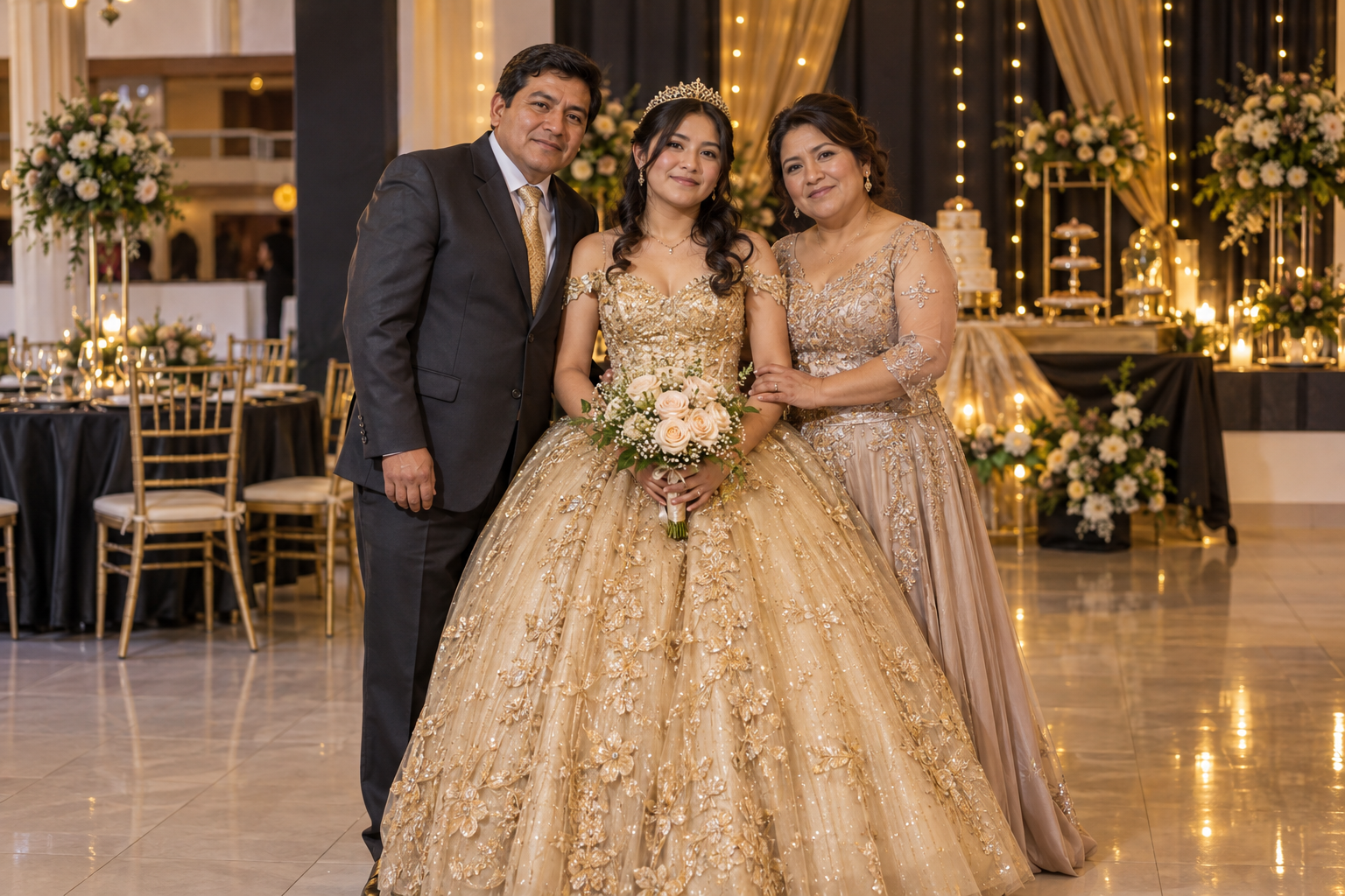 Escena ilustrativa de una quinceañera junto a su familia